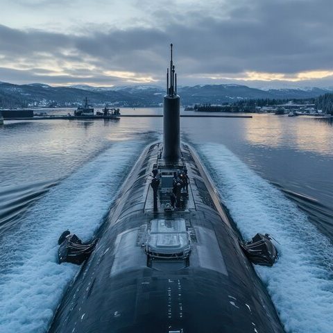 A submarine docked in a dry dock during sunset, with cranes and equipment nearby.