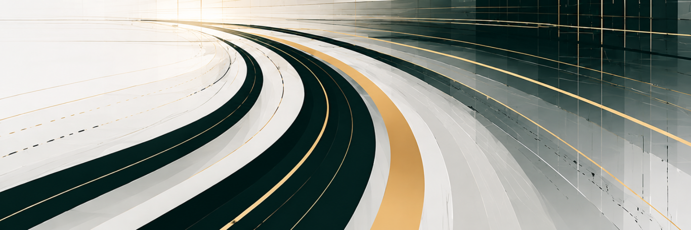 Abstract design with curved lines in shades of green, grey, and gold.