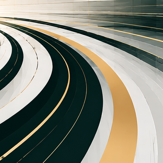 Abstract design with curved lines in shades of green, grey, and gold.