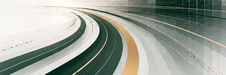 Abstract design with curved lines in shades of green, grey, and gold.