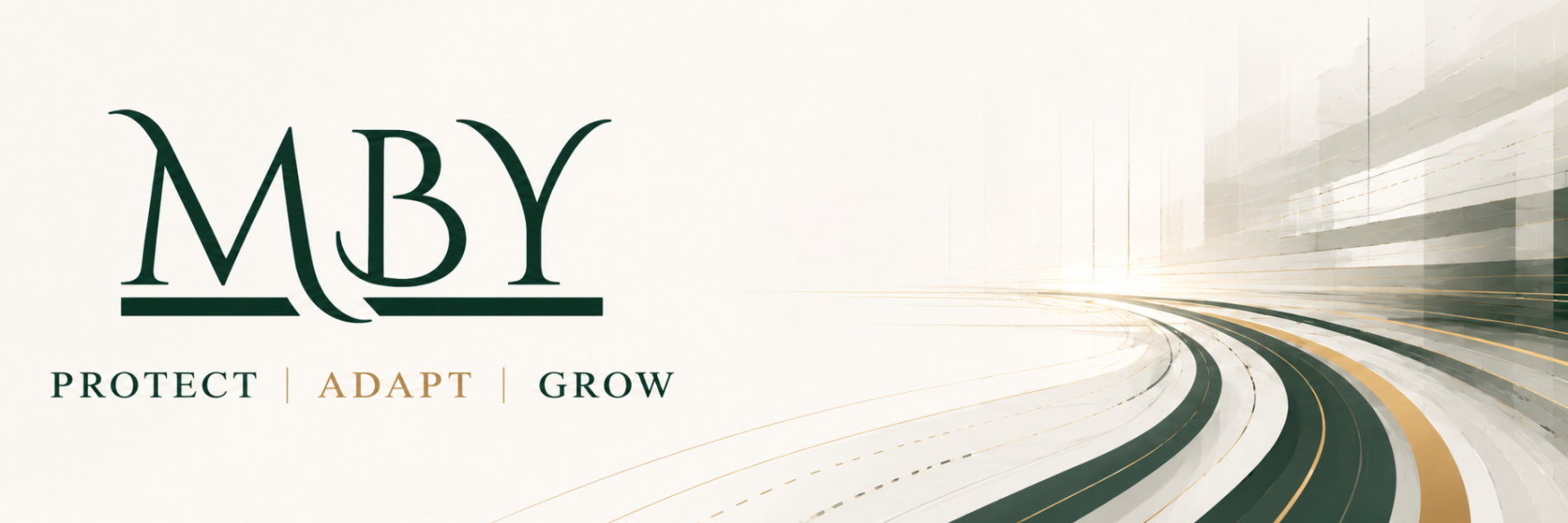 Logo featuring "MBY" with the words "Protect, Adapt, Grow" and abstract curved lines.